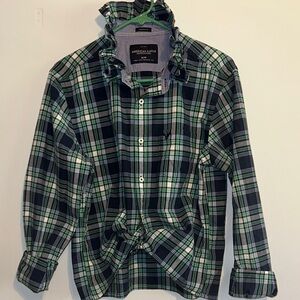 American Eagle Green Navy Plaid Ruffle Collar Button-Down Shirt
